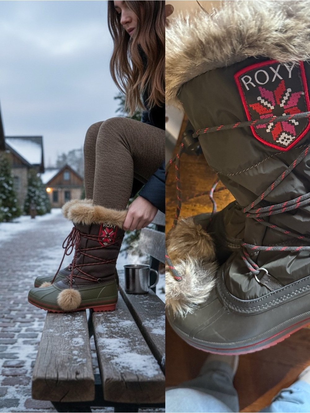 Roxy Slush Women’s Size 7 Olive Faux Fur Pom-Pom Winter Snow Boots